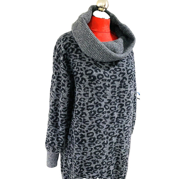 Anthropologie Casual Sweater Dress Pullover Knit Tunic Gray Black Animal Print L - Picture 2 of 11